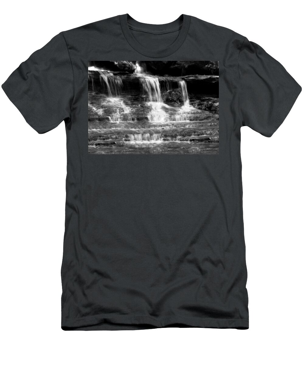 Black And White T-Shirt featuring the photograph Waterfall Trio at McConnells Mill State Park in Black and White by Angela Rath