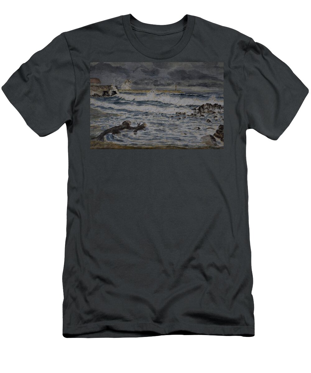 Water T-Shirt featuring the painting Waves On The Pier by Rob Hemphill