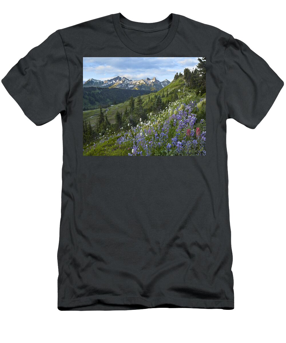 00437811 T-Shirt featuring the photograph Wildflowers And Tatoosh Range Mount by Tim Fitzharris