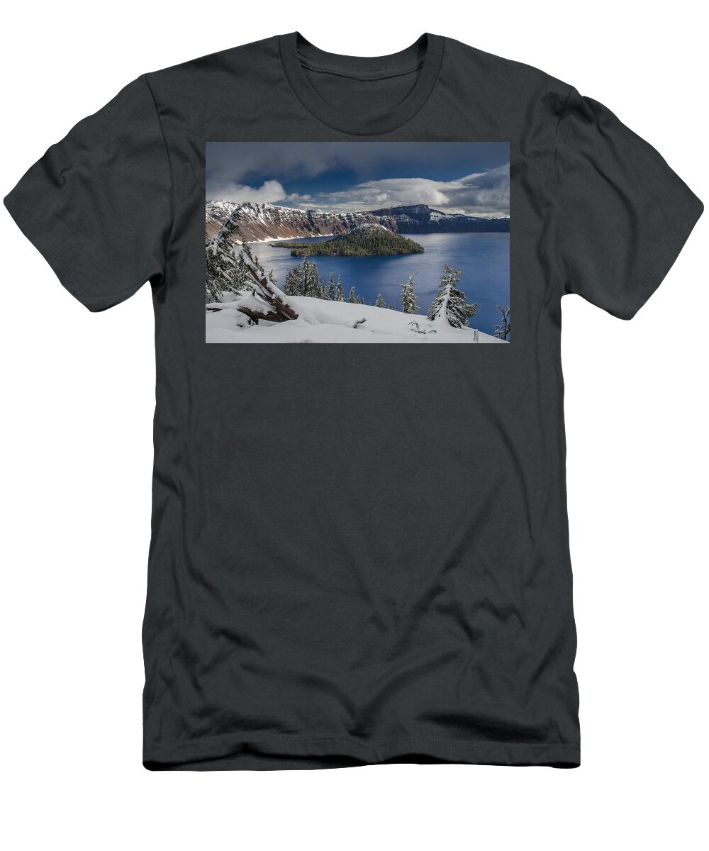 Cascades T-Shirt featuring the photograph Wizard Island after Summer Snowfall by Greg Nyquist