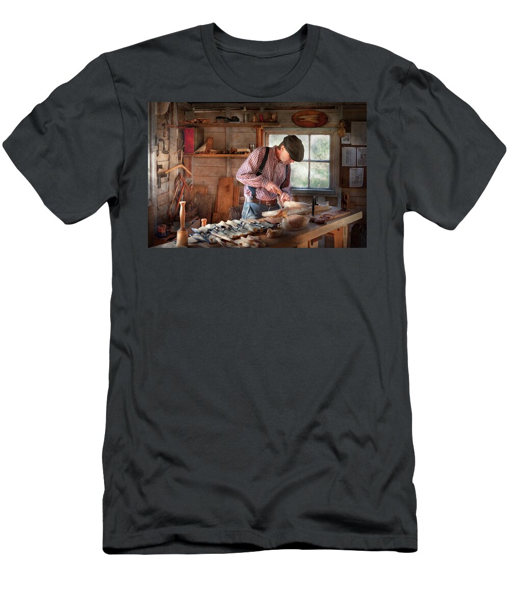 Carving T-Shirt featuring the photograph Woodworker - Carving - Carving a duck by Mike Savad