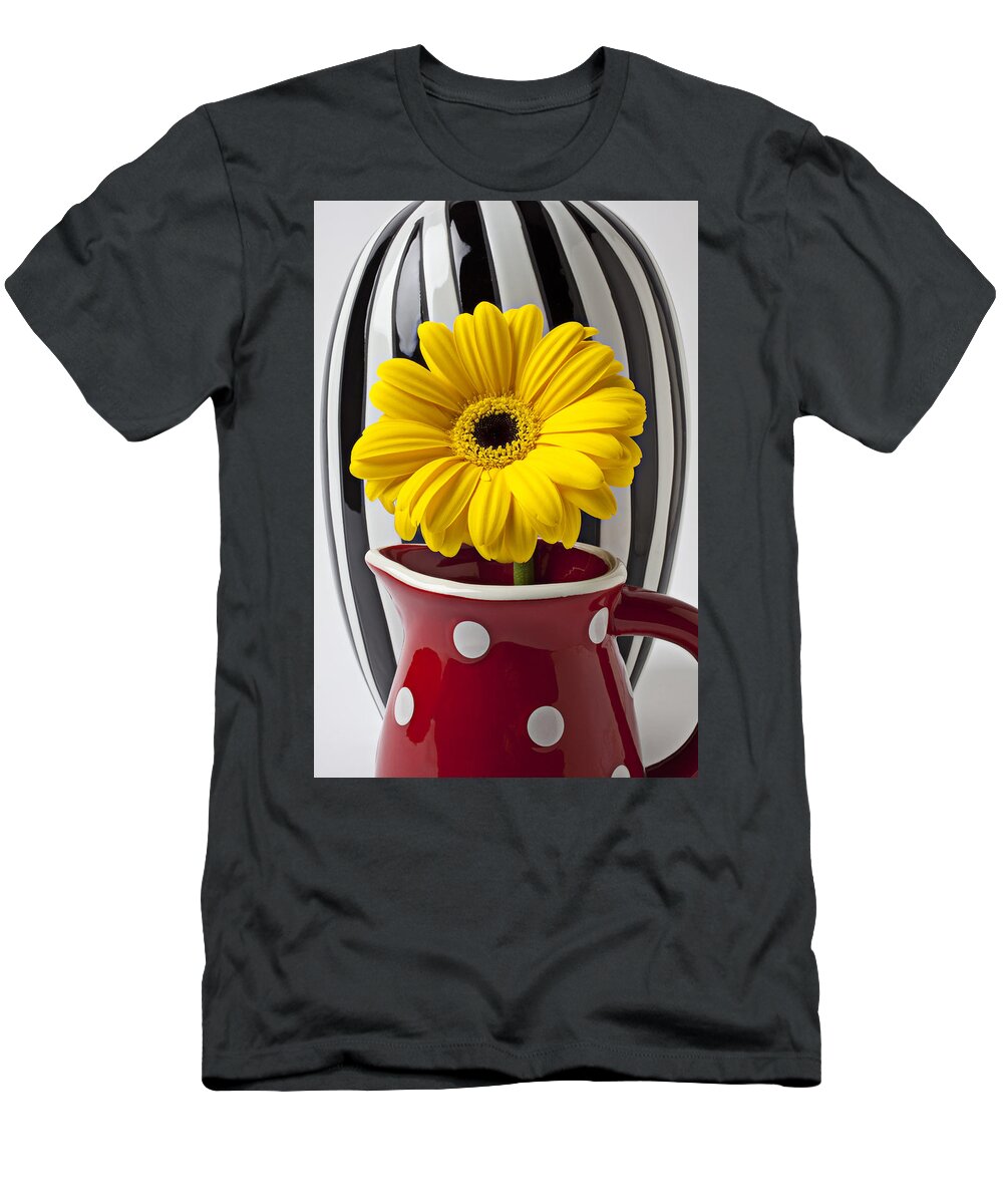 Yellow Mum Pitcher Vase Flower T-Shirt featuring the photograph Yellow mum in pitcher by Garry Gay