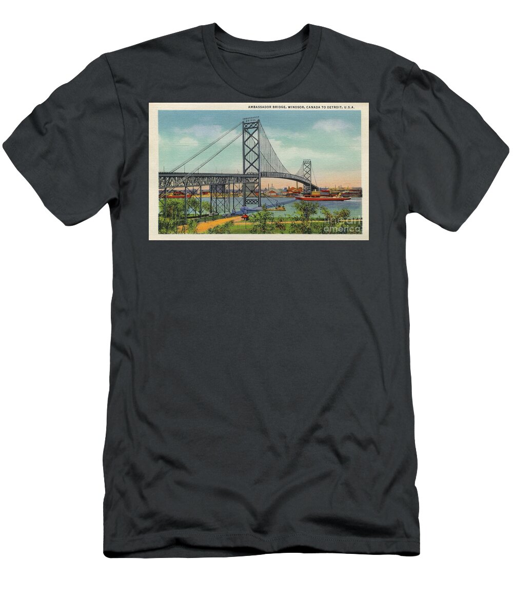 Windsor T-Shirt featuring the digital art Retro vintage Ambassador Bridge Windsor Canada to Detroit USA by Heidi De Leeuw