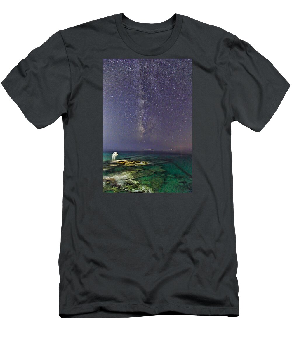 Boat T-Shirt featuring the photograph A boat under the Milky Way in Andros - Greece #1 by Constantinos Iliopoulos
