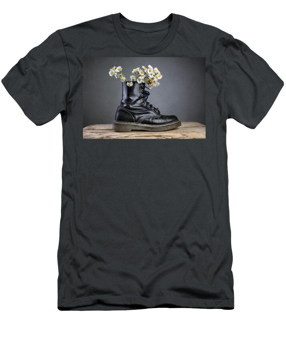 Boot T-Shirt featuring the photograph Boots with Daisy Flowers #1 by Nailia Schwarz