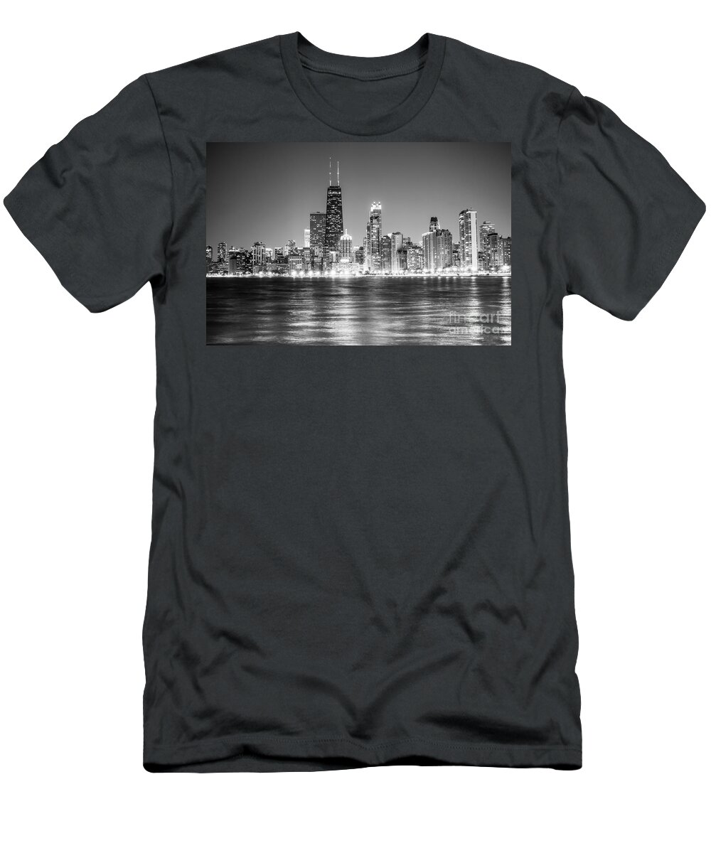 America T-Shirt featuring the photograph Chicago Lakefront Skyline Black and White Photo #1 by Paul Velgos