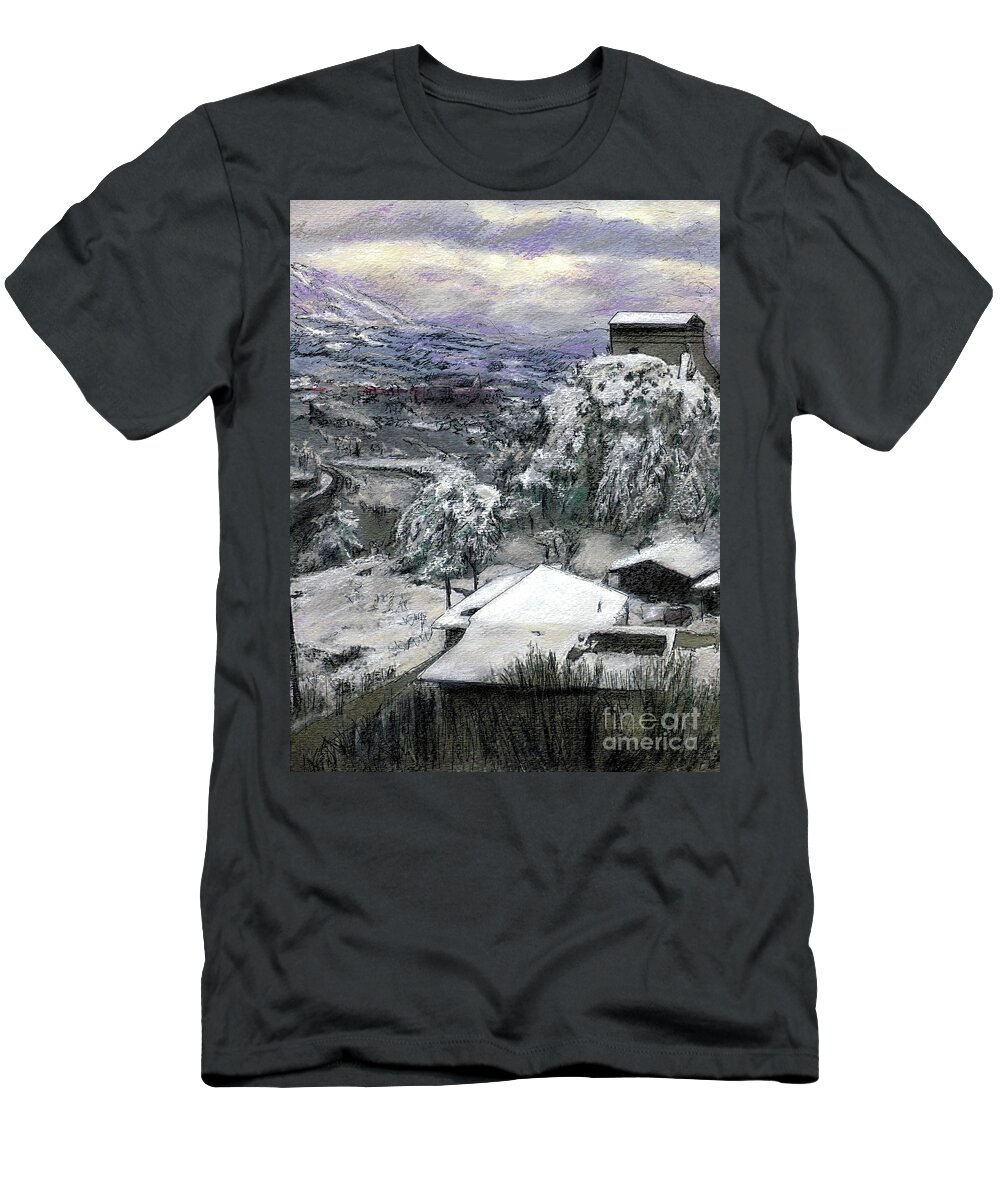 Italy T-Shirt featuring the painting Chiesa San Vito In The Snow #1 by Randy Sprout