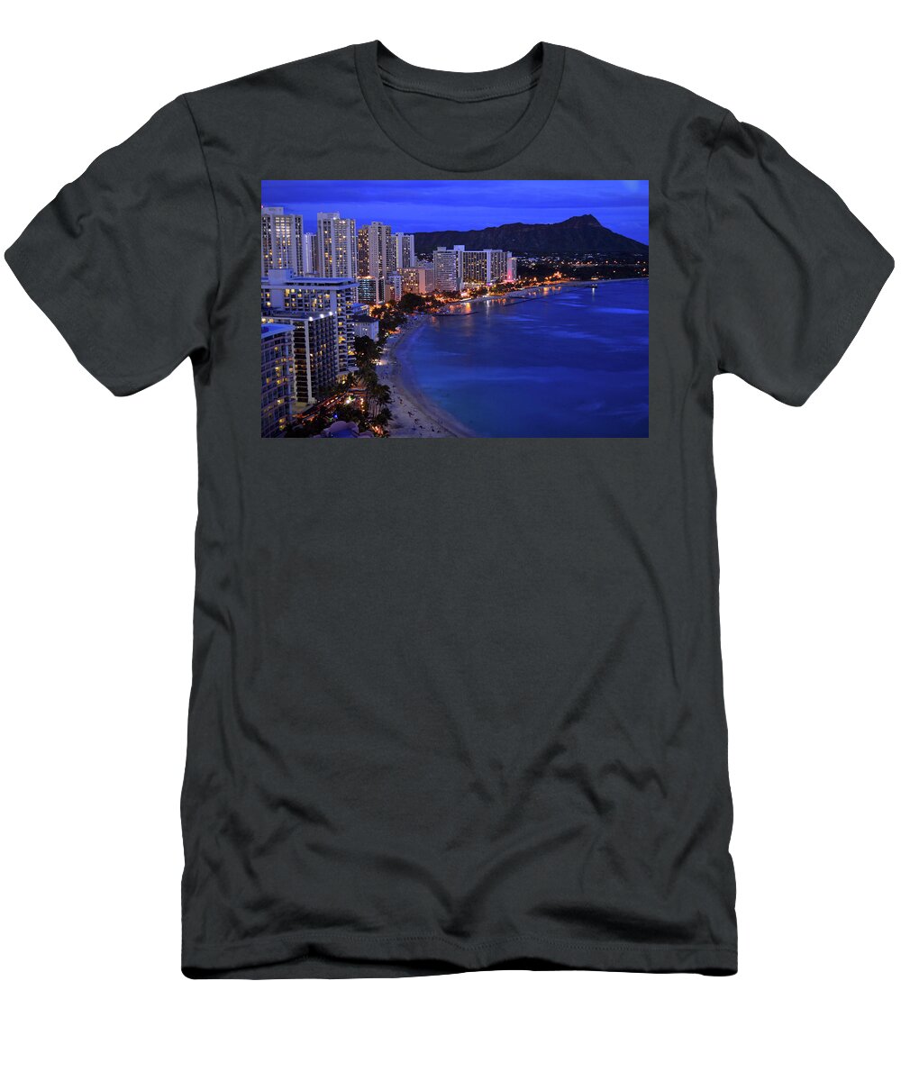 Waikiki T-Shirt featuring the photograph Dusk on Waikiki #1 by James Kirkikis