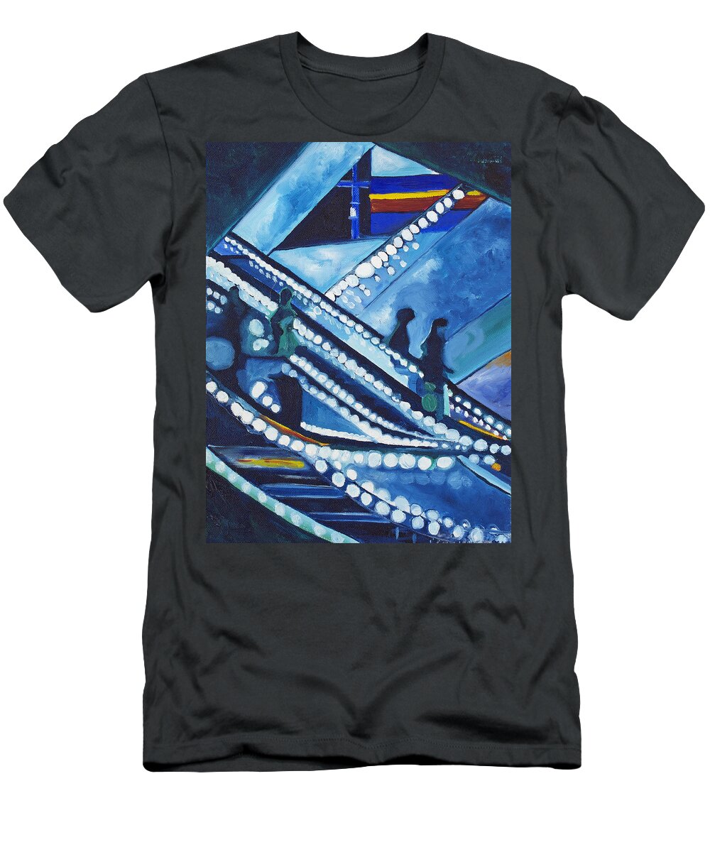 Night Scenes T-Shirt featuring the painting Escalator Lights by Patricia Arroyo