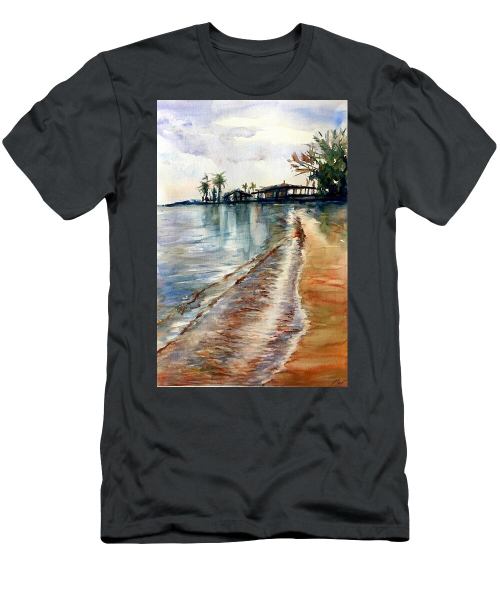 Ocean T-Shirt featuring the painting Evening solitude #1 by Katerina Kovatcheva