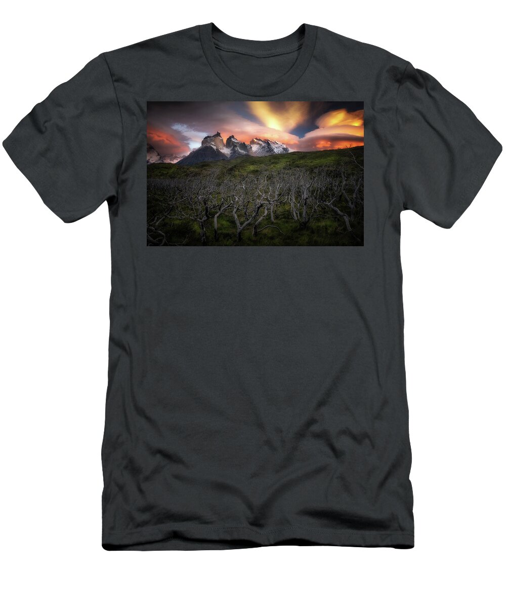 Paine Massif T-Shirt featuring the photograph Fire in the Sky #1 by Nicki Frates
