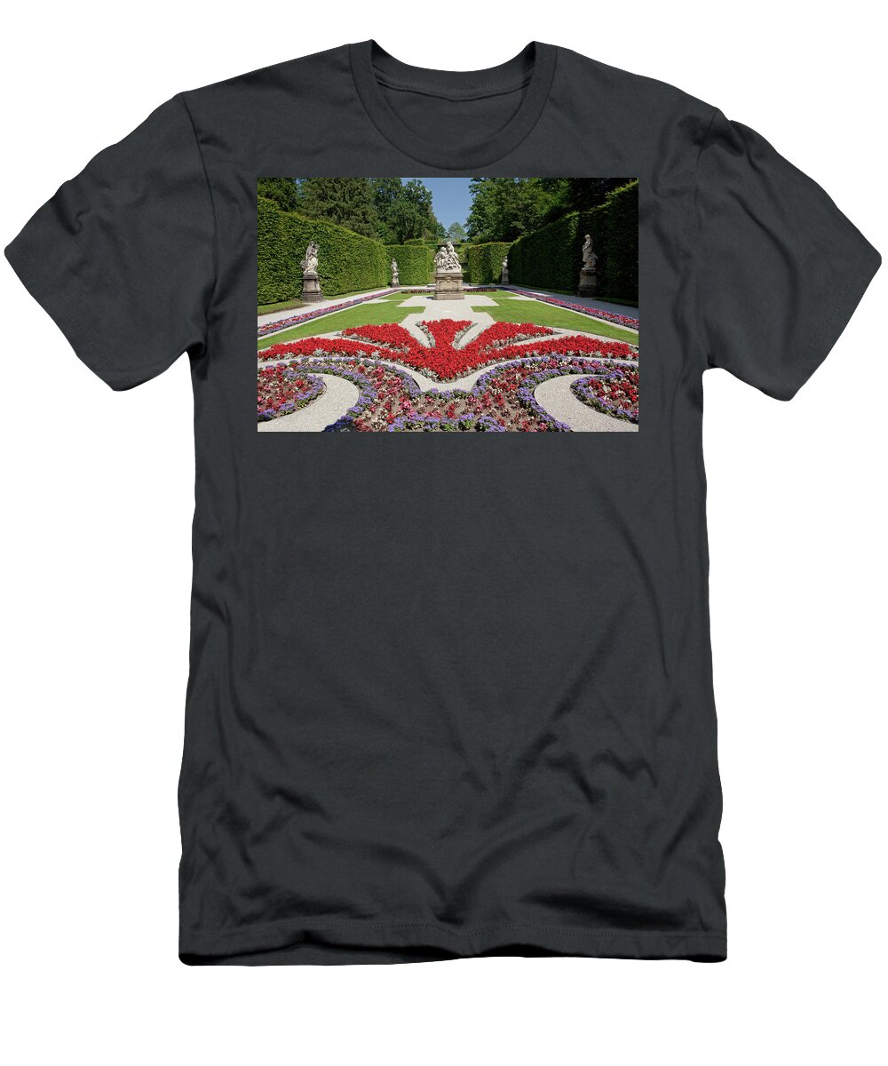 Flowerbeds T-Shirt featuring the photograph Flowerbeds and Sculptures in Eastern Parterre #1 by Aivar Mikko