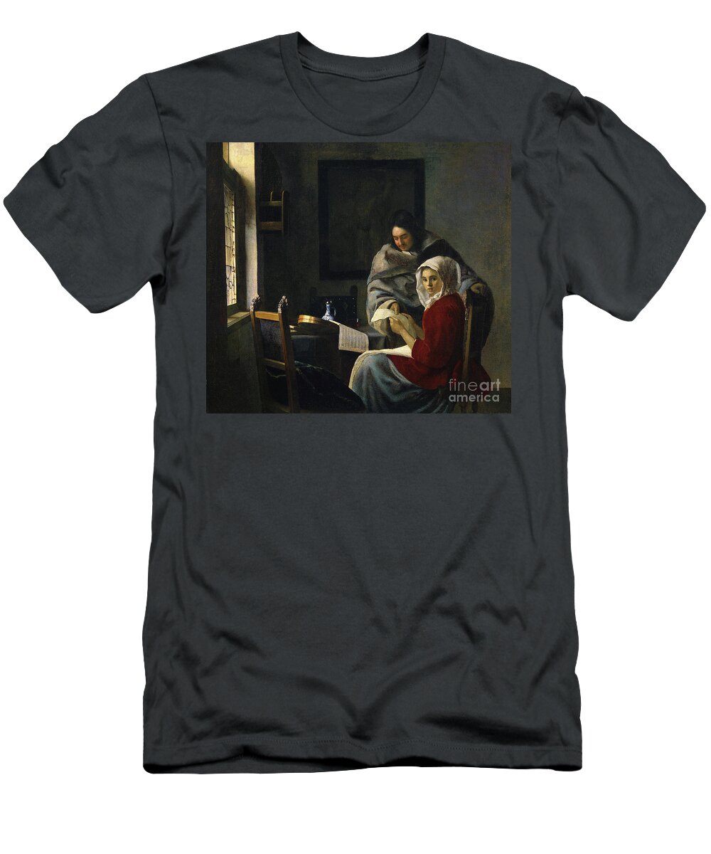 Vermeer T-Shirt featuring the painting Girl interrupted at her music by Jan Vermeer