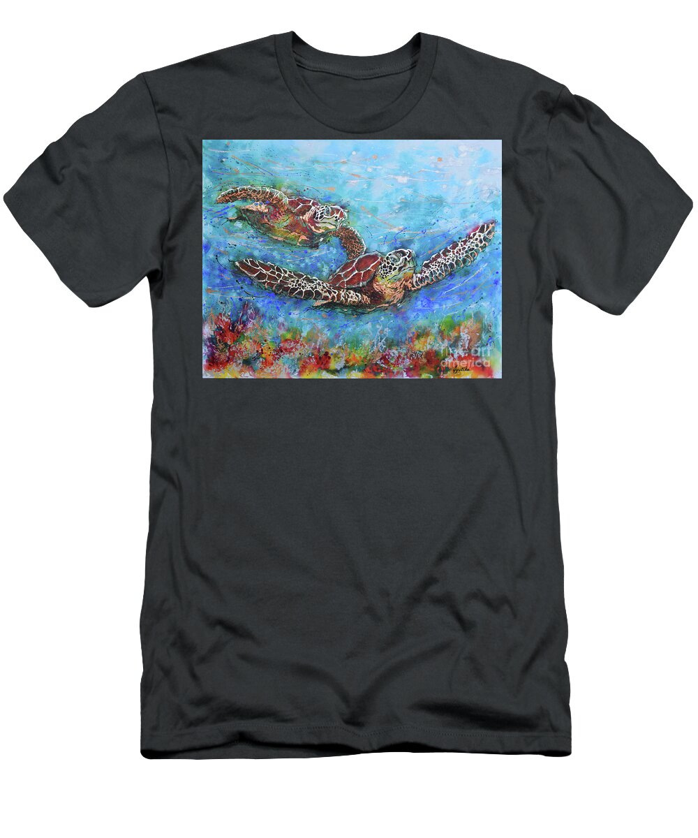 Marine Turtles T-Shirt featuring the painting Gliding Turtles by Jyotika Shroff