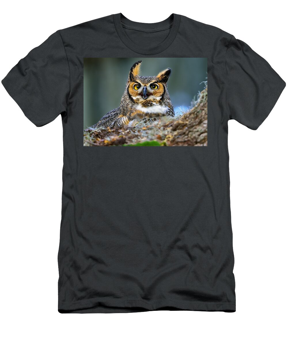 Great Horned T-Shirt featuring the photograph Great Horned Owl #1 by Bill Dodsworth