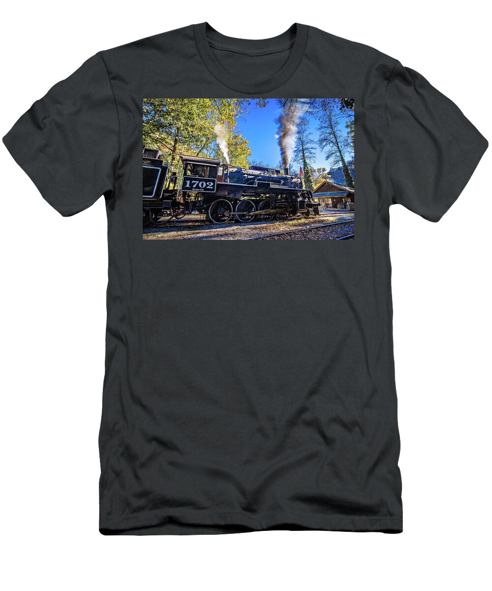 Great Smoky Mountains T-Shirt featuring the photograph Great Smoky Mountains Rail Road Autumn Season Excursion #1 by Alex Grichenko