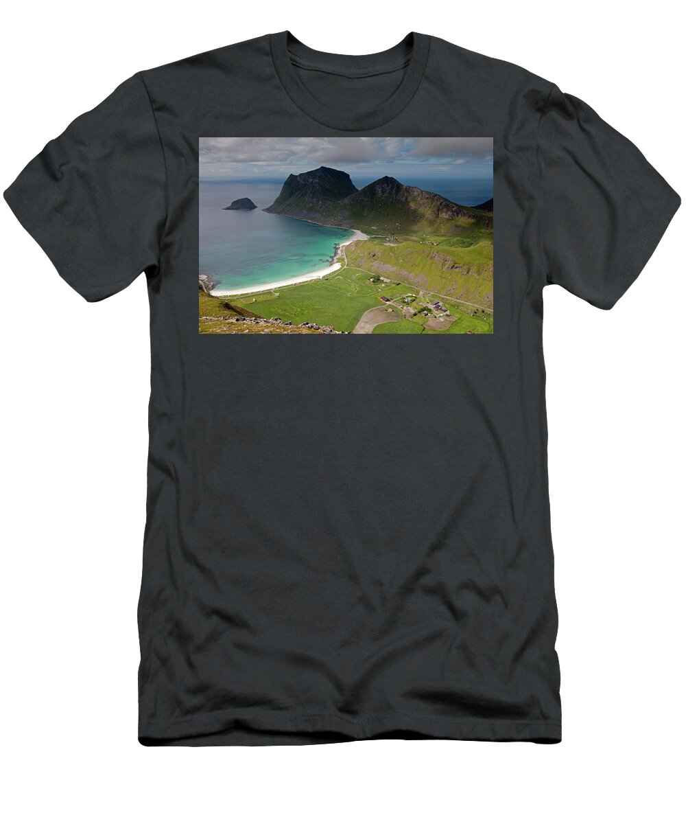 Holandsmelen T-Shirt featuring the photograph Haukland and Vik Beaches from Holandsmelen #3 by Aivar Mikko