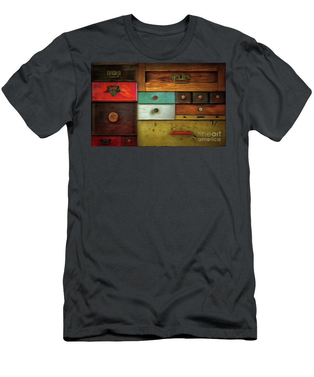 Abstract T-Shirt featuring the digital art In utter secrecy - various drawers #1 by Michal Boubin