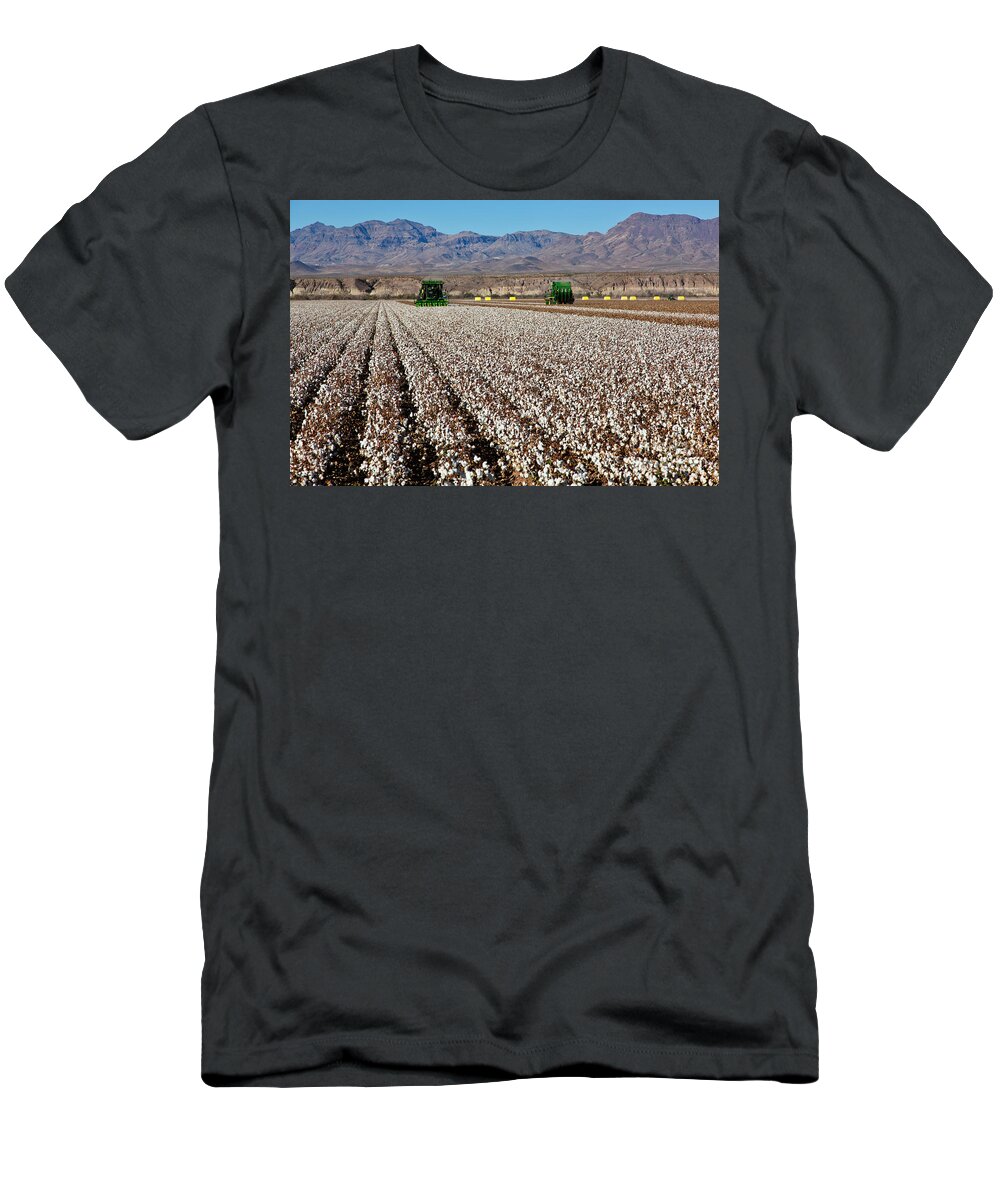 Cotton Picker T-Shirt featuring the photograph John Deere Cotton Pickers Harvesting #1 by Inga Spence