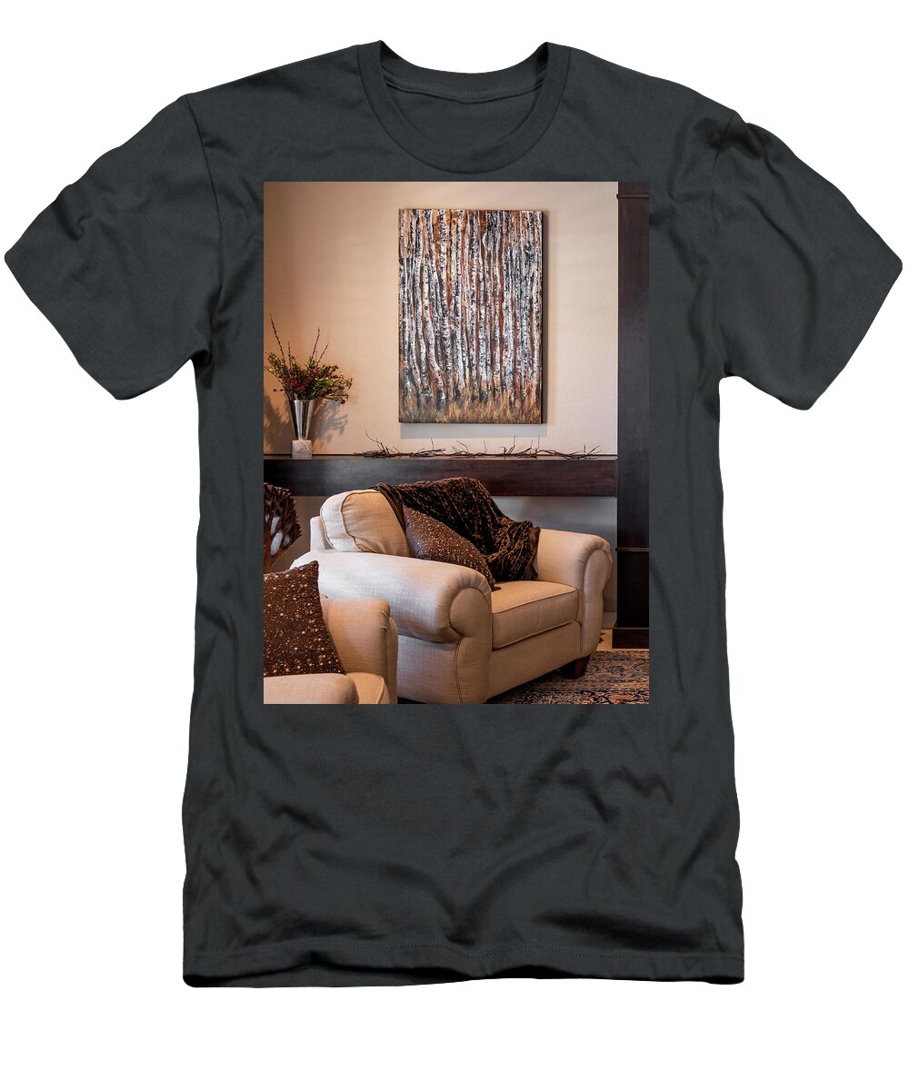 Aspens T-Shirt featuring the painting Moonlight Aspens by Sheila Johns