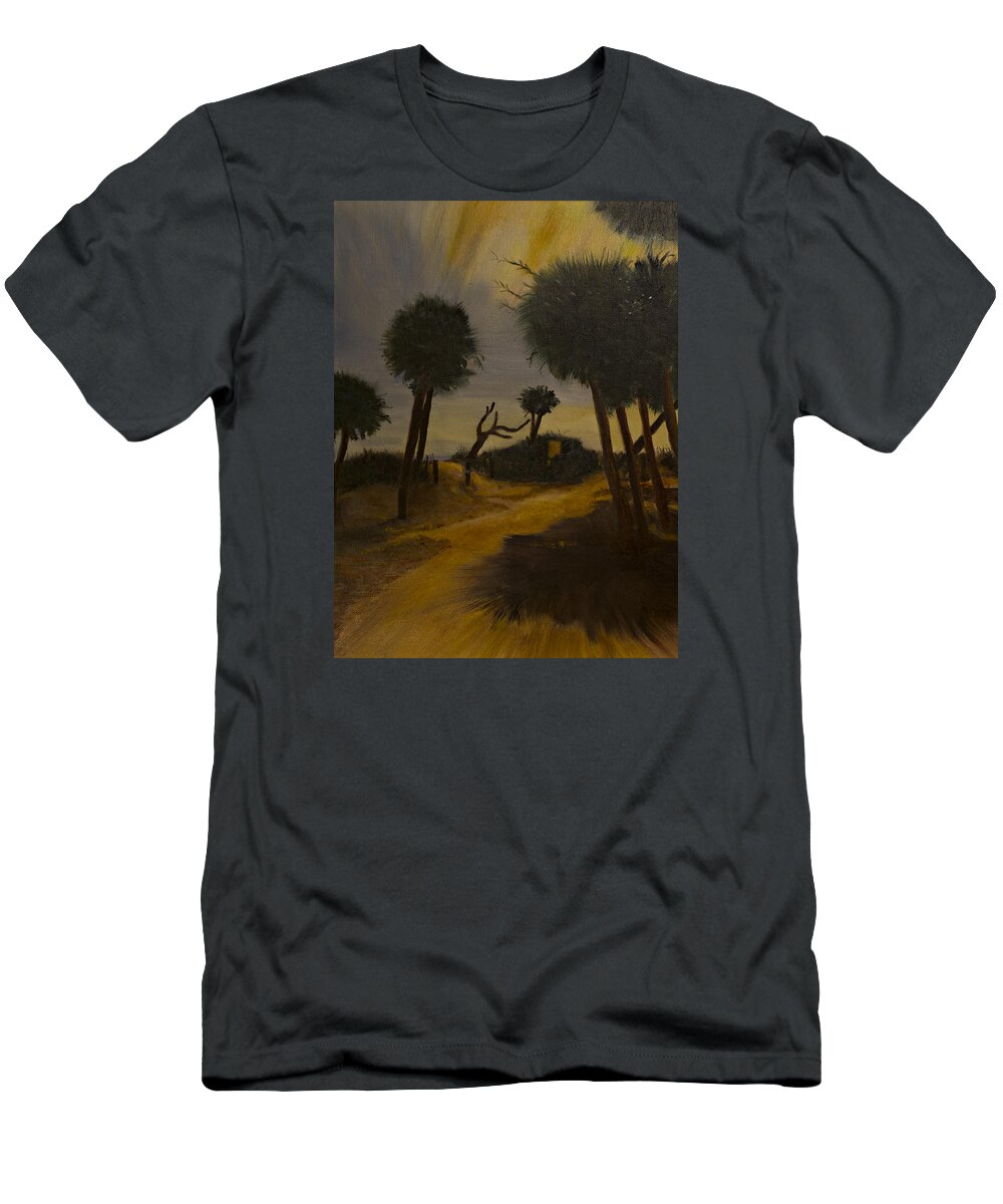 Pathway To Beach In The Moonlight On Summer Night With Palm Trees T-Shirt featuring the painting Moonlit path #2 by Kathy Knopp