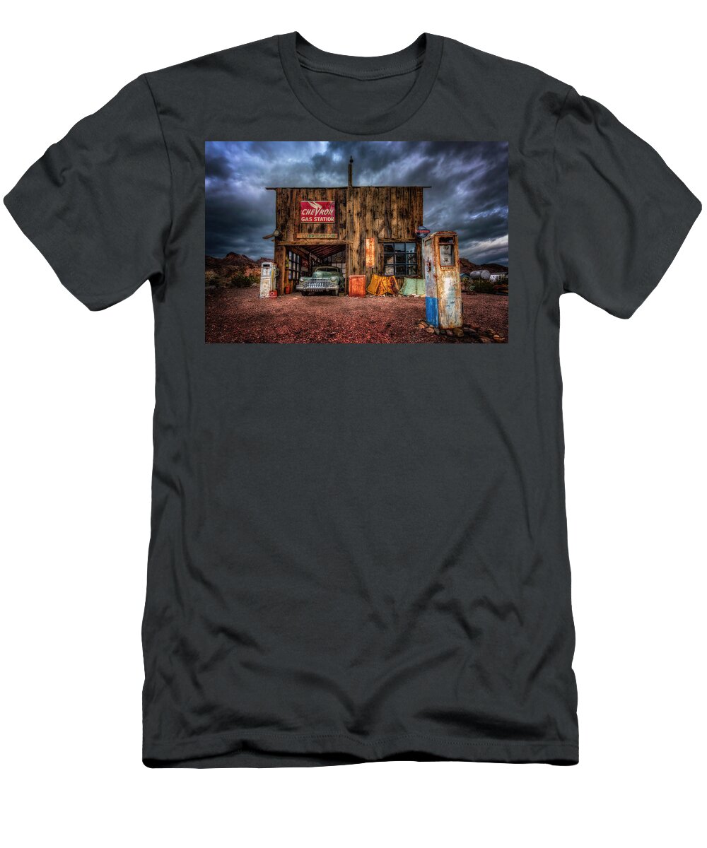 Nevada T-Shirt featuring the photograph Nelson Nevada, Weathered Garage, Car, And Gas Pump #1 by Michael Ash