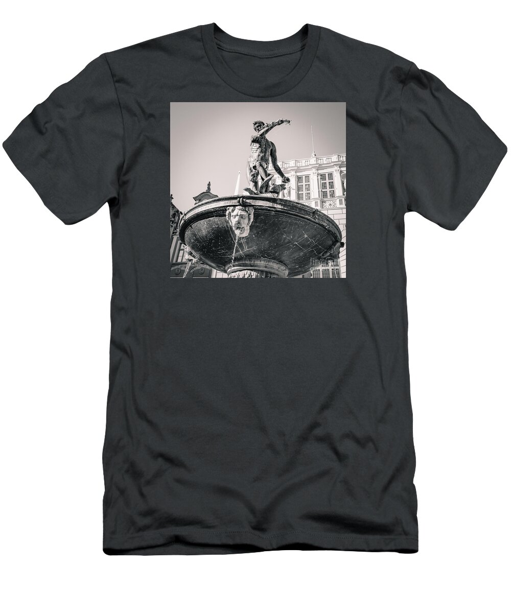 City T-Shirt featuring the photograph Neptune's fountain, Gdansk BW by Mariusz Talarek