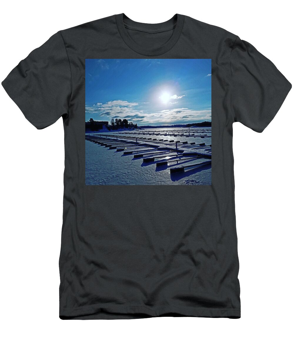Waterfront Fjords Water Snow Ice Norway Scandinavia Europe Outdoors Nature Landscape Trees View Sun Blue Sky T-Shirt featuring the digital art Oslo Fjords in Norway. #2 by Jeanette Rode Dybdahl