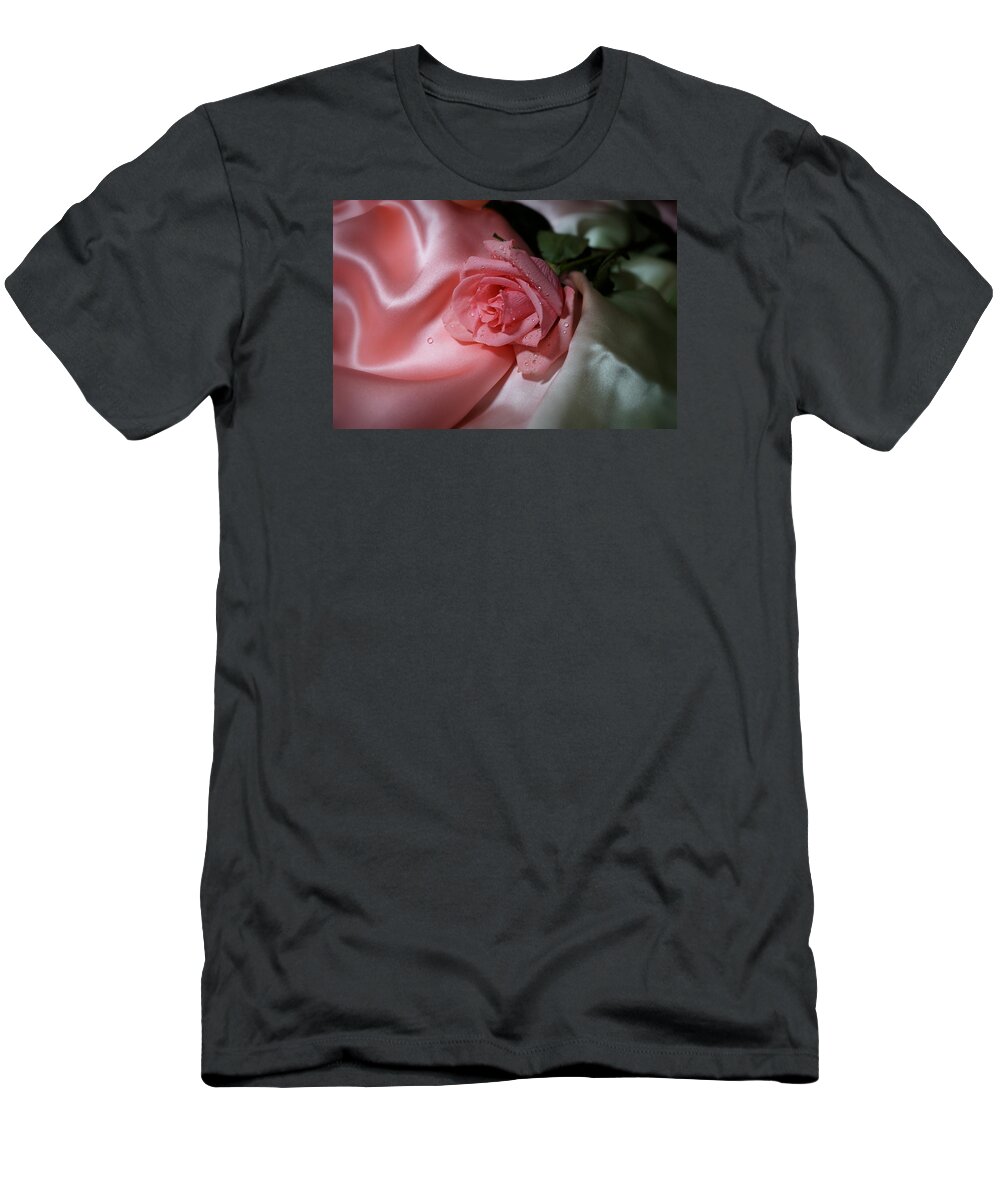 Rose T-Shirt featuring the photograph Pink Rose on the silk by Lilia D