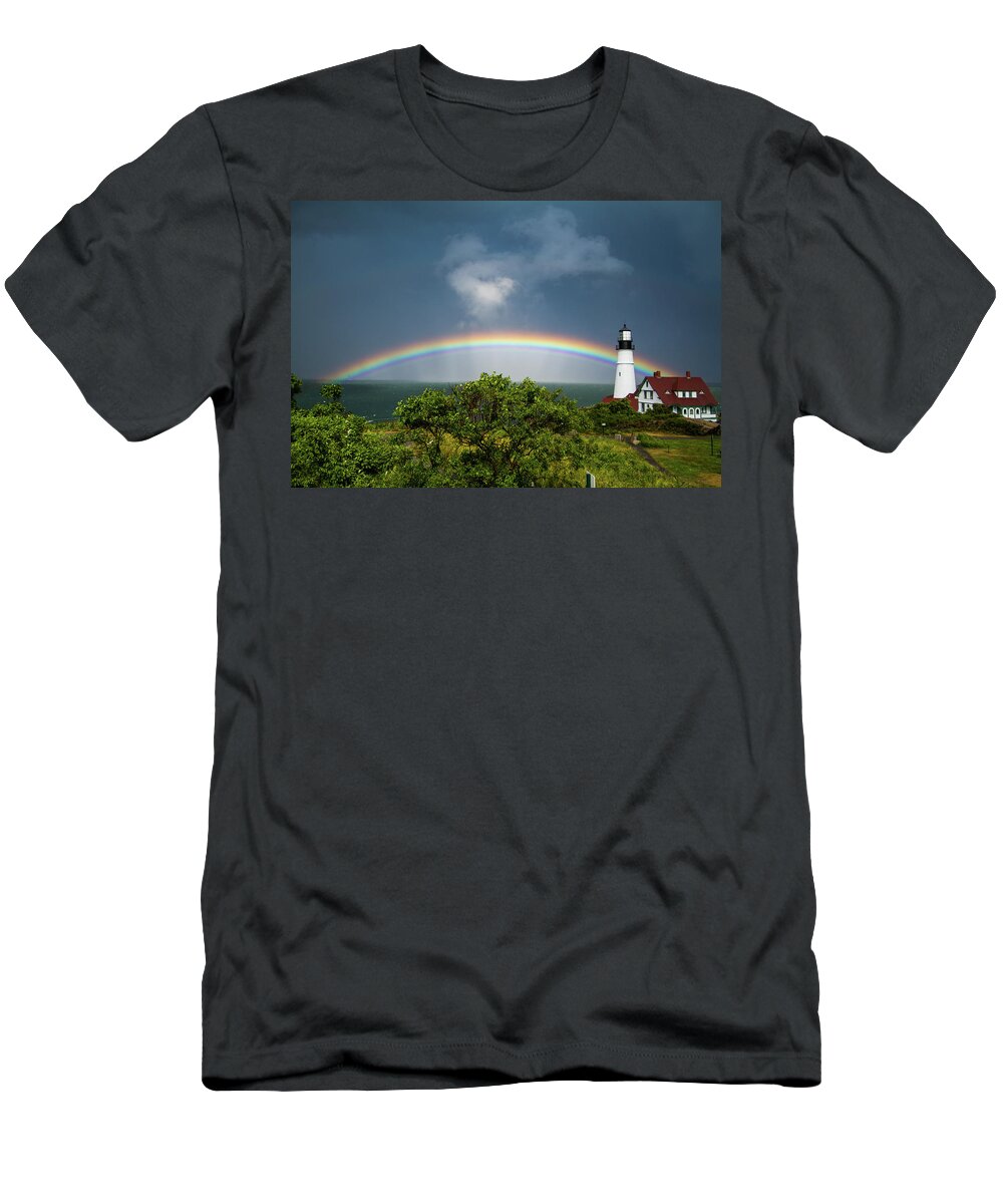 Portland Headlight T-Shirt featuring the photograph Rainbow at Portland Headlight by Darryl Hendricks