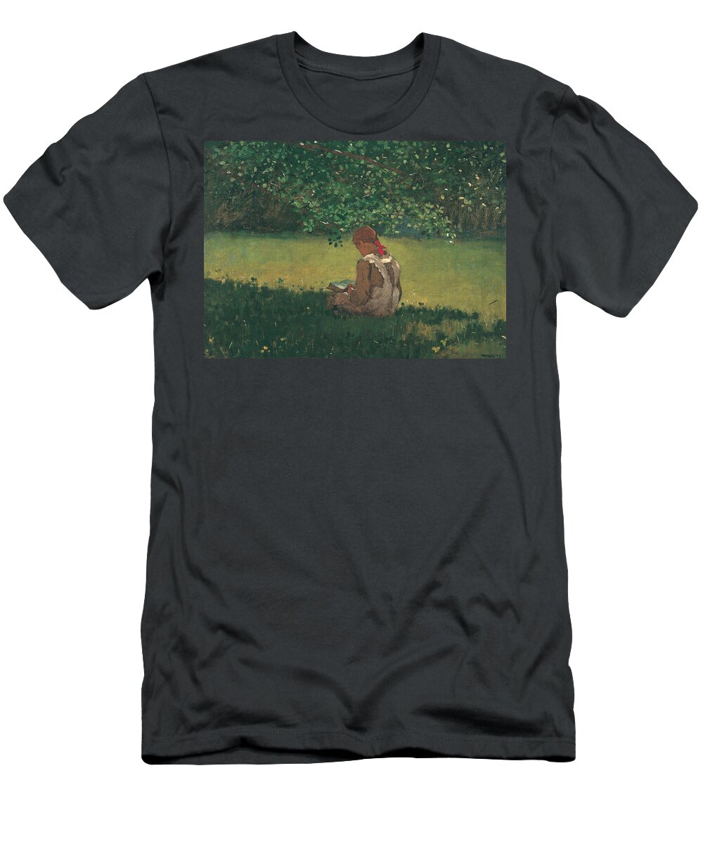 Winslow Homer T-Shirt featuring the painting Reading by the Brook #1 by Winslow Homer