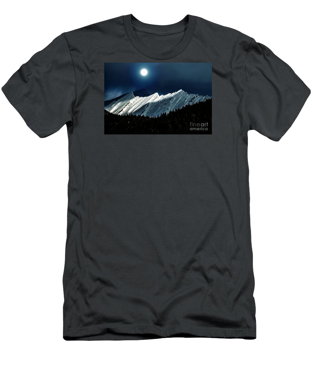Mountain T-Shirt featuring the photograph Rocky Mountain Glory in Moonlight #1 by Elaine Hunter