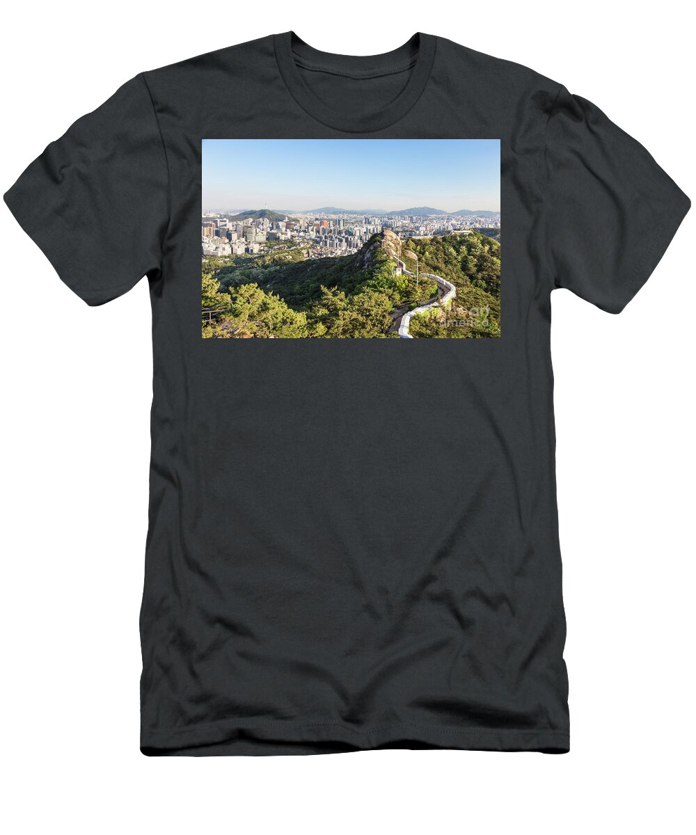 Inwangsan T-Shirt featuring the photograph Seoul city wall from Inwangsan mountain in South Korea capital c #1 by Didier Marti
