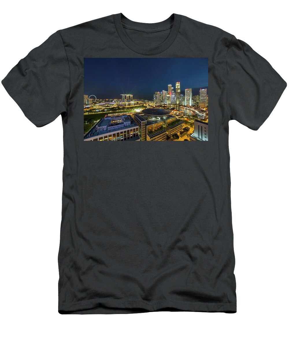 Singapore T-Shirt featuring the photograph Singapore Cityscape at Night #1 by David Gn