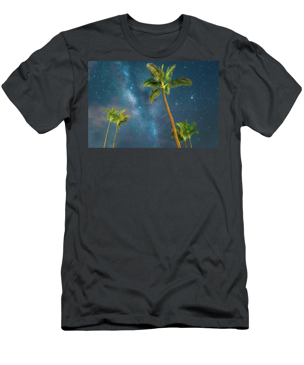 Maui Hawaii Milky Way Palmtrees T-Shirt featuring the photograph Starry Night #1 by James Roemmling