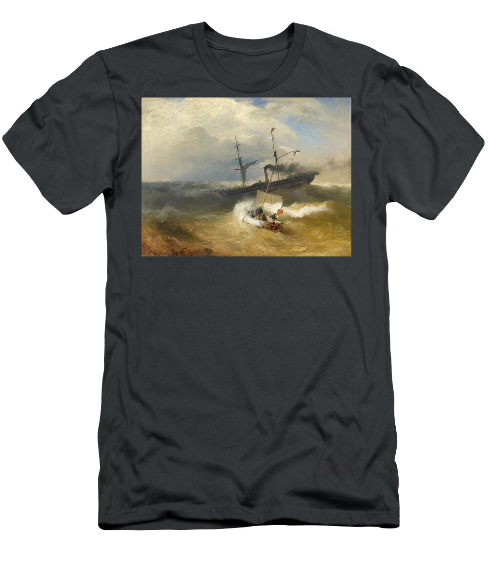 Andreas Achenbach T-Shirt featuring the painting Steam Ship and Sailing Boat in Rough Seas by Andreas Achenbach