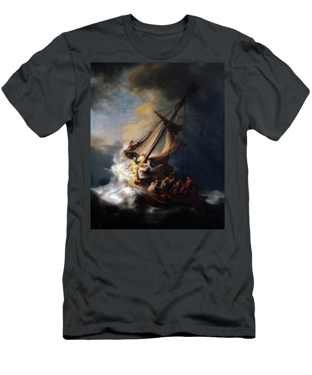 Rembrandt T-Shirt featuring the painting Storm On The Sea Of Galilee by Troy Caperton