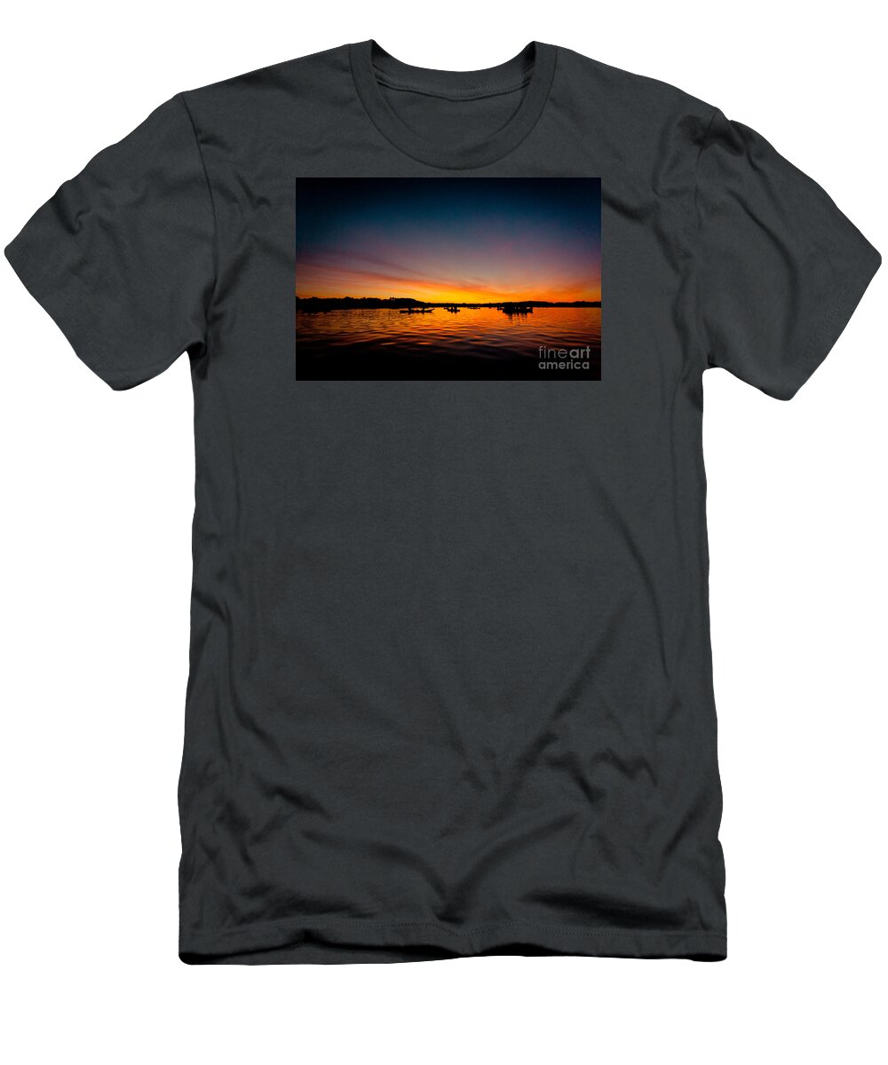 Waters T-Shirt featuring the photograph Sunrise above lake water summer time #1 by Raimond Klavins