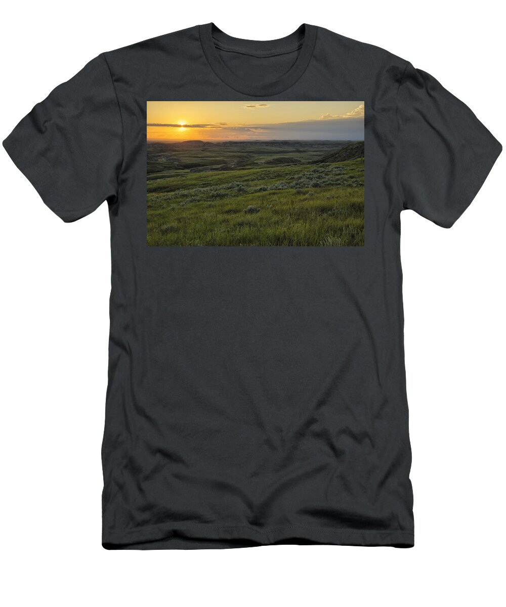 Golden T-Shirt featuring the photograph Sunset Over Killdeer Badlands #1 by Robert Postma