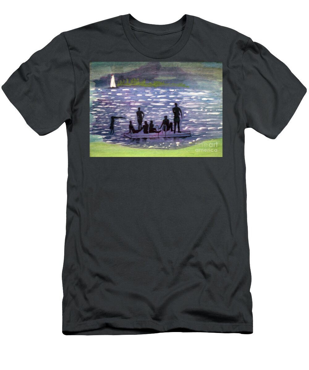 A Group Of Friends Are Swimming T-Shirt featuring the painting Twlight Swim #1 by Hal Newhouser