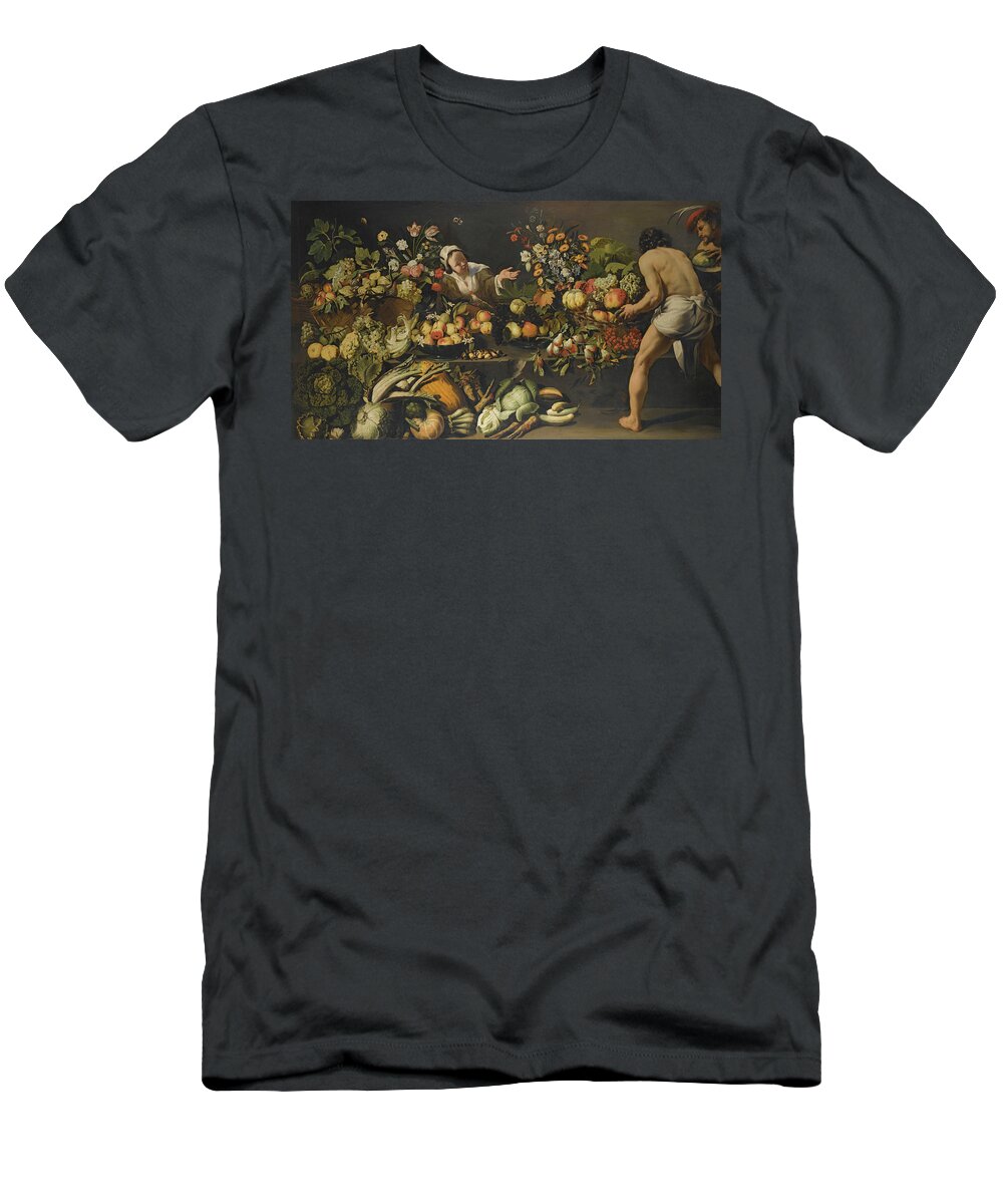 Italo - Flemish School T-Shirt featuring the painting Vegetables And Flowers Arranged by MotionAge Designs