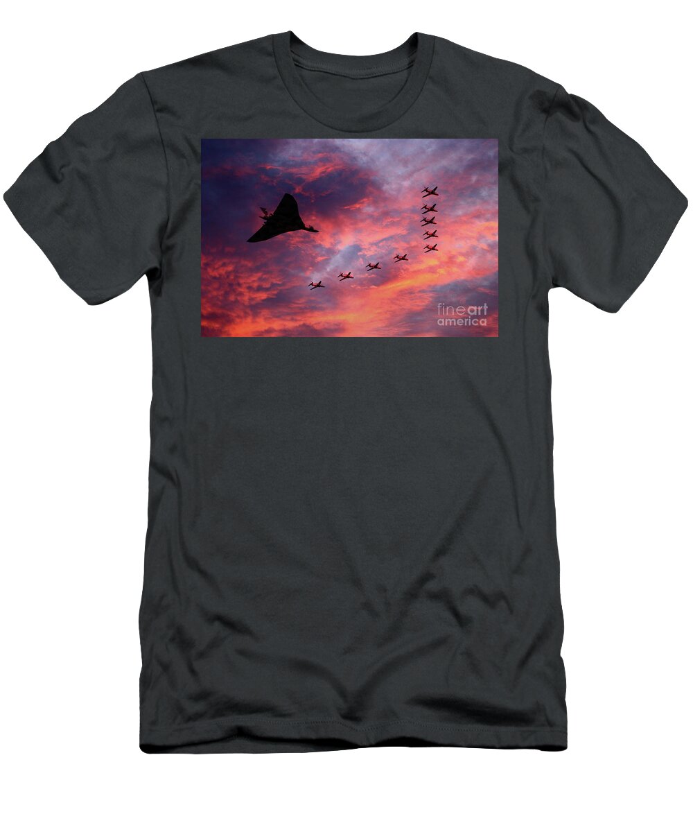 Avro Vulcan Bomber Xh558 Sunset Formation With The Red Arrows T-Shirt featuring the digital art Vulcan XH558 and Red Arrows by Airpower Art