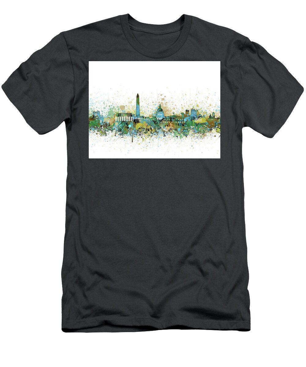 Washington Dc T-Shirt featuring the digital art Washington Dc Skyline Color Splatter #1 by Bekim M