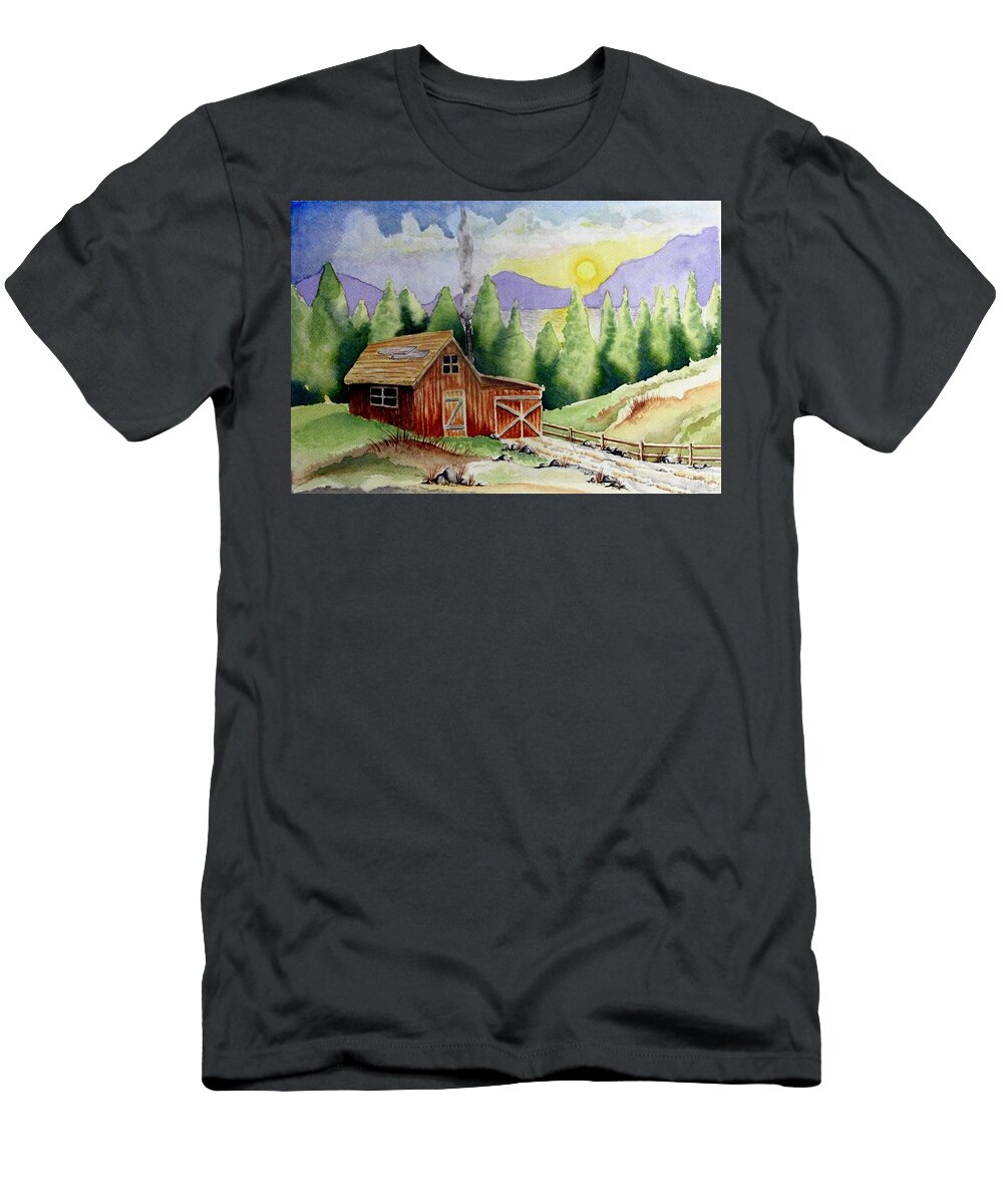 Cabin T-Shirt featuring the painting Wilderness Cabin #1 by Jimmy Smith