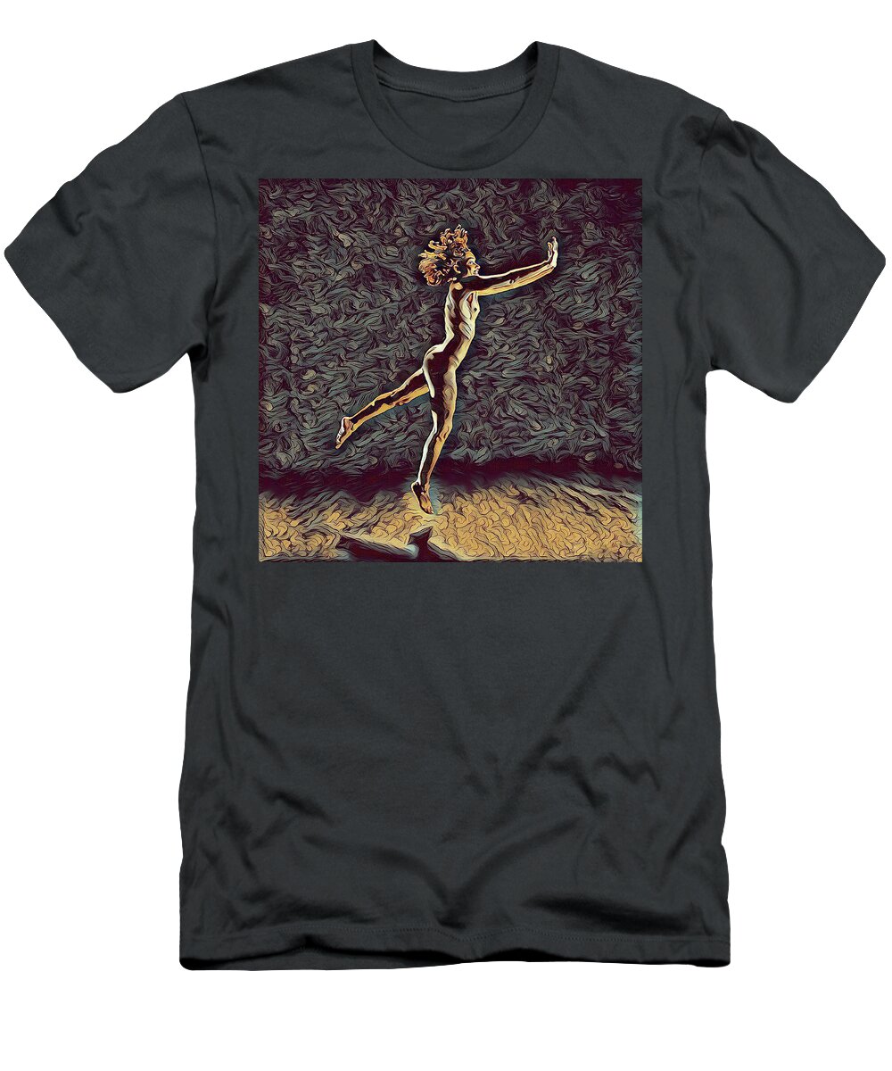 Jump T-Shirt featuring the digital art 1302s-ZAK Naked Dancers Leap Nudes in the style of Antonio Bravo by Chris Maher