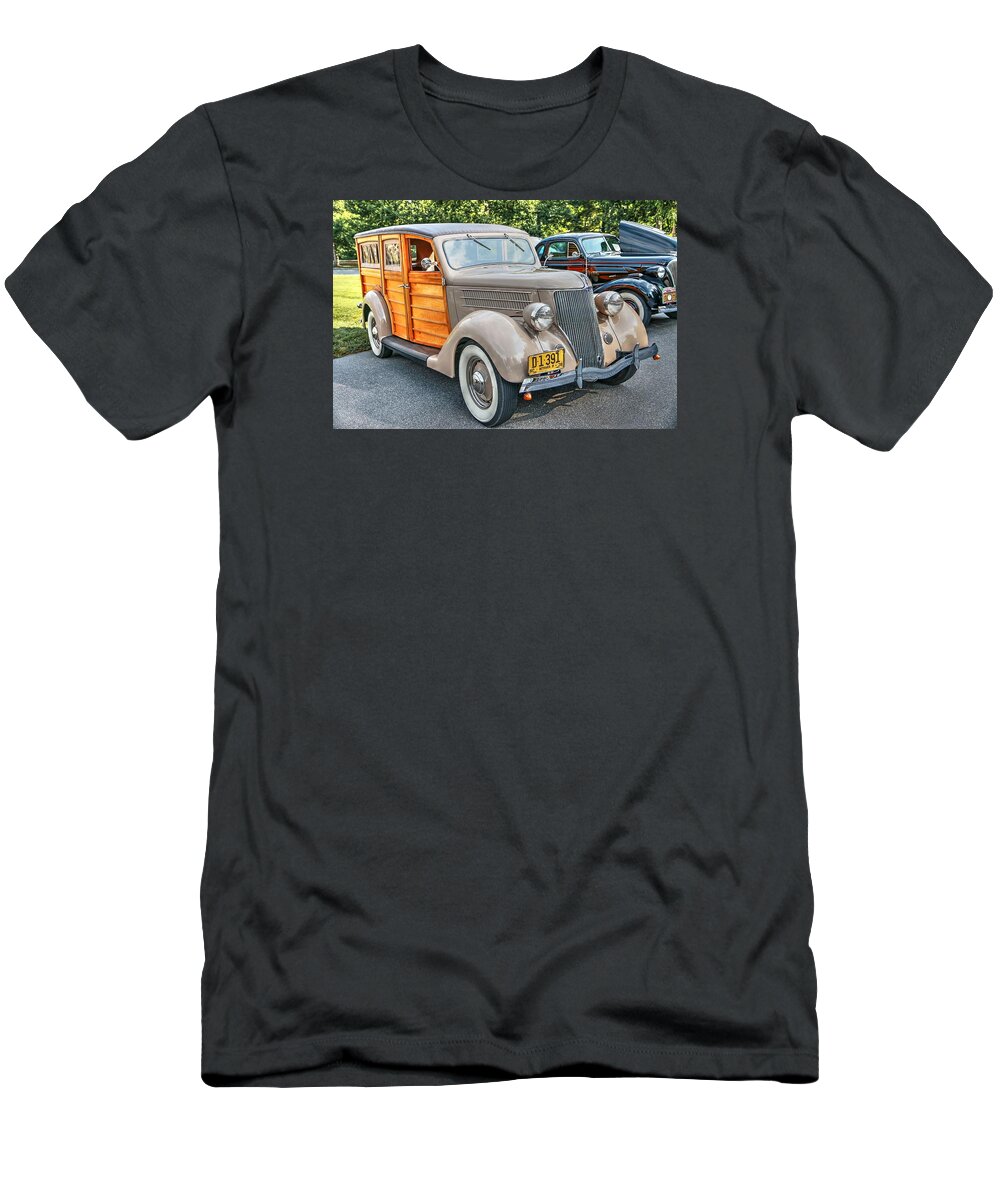 1936 Ford V8 Woody Station Wagon T-Shirt featuring the photograph 1936 Ford V8 Woody Station Wagon by Carol Montoya