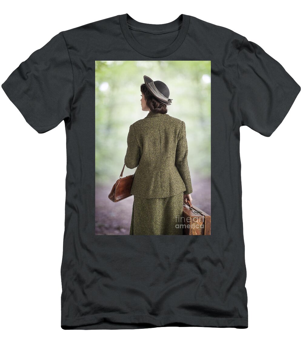 1940s T-Shirt featuring the photograph 1940s Woman Walking With Leather Suitcase And Handbag by Lee Avison