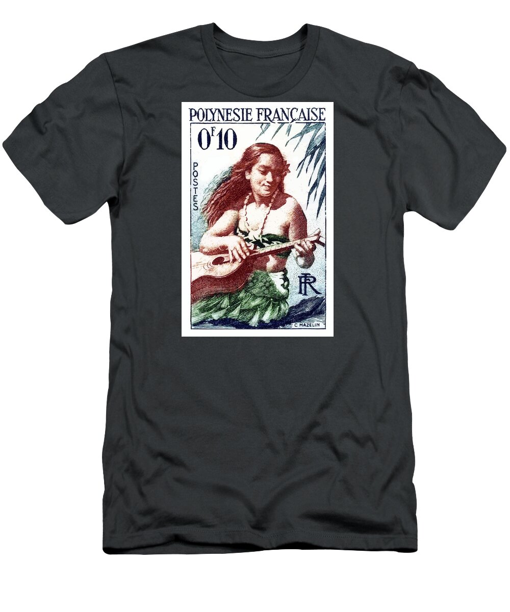 Polynesia T-Shirt featuring the digital art 1958 French Polynesia Guitar Girl 10fr Postage Stamp by Retro Graphics