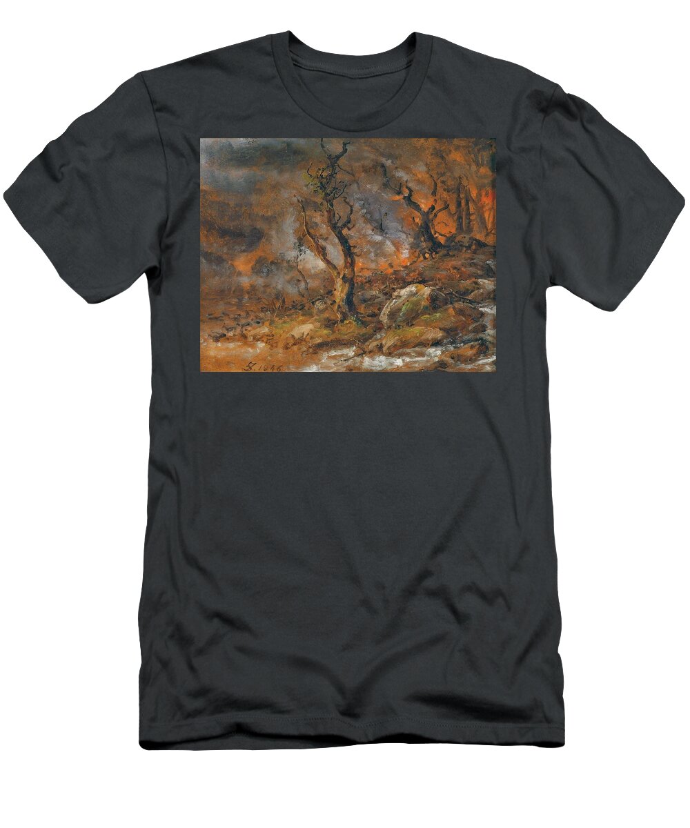 Forest Fire By Johan Christian Dahl T-Shirt featuring the painting Forest Fire by Johan Christian