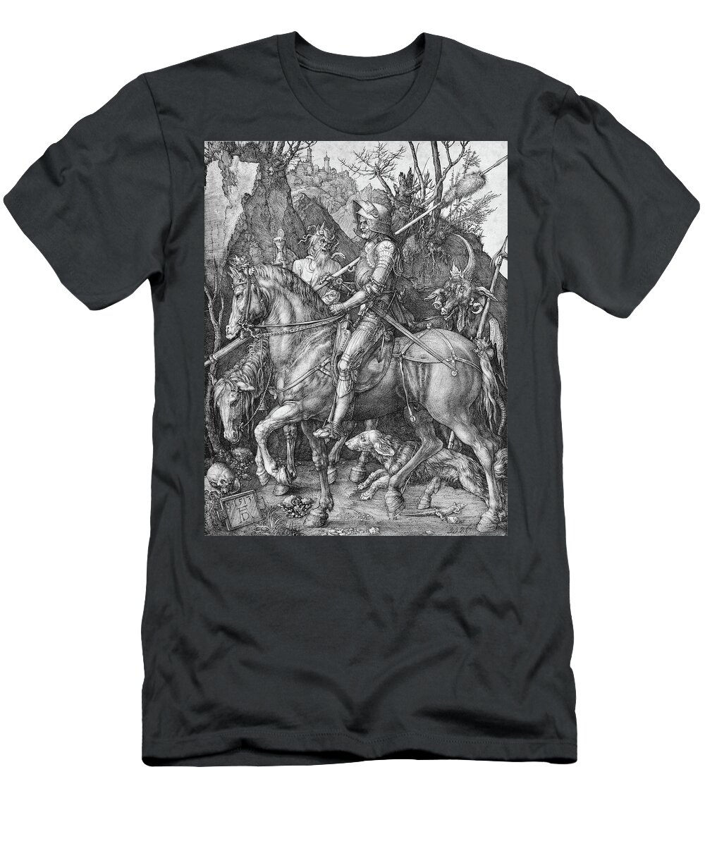 German T-Shirt featuring the drawing Knight Death And The Devil by Troy Caperton